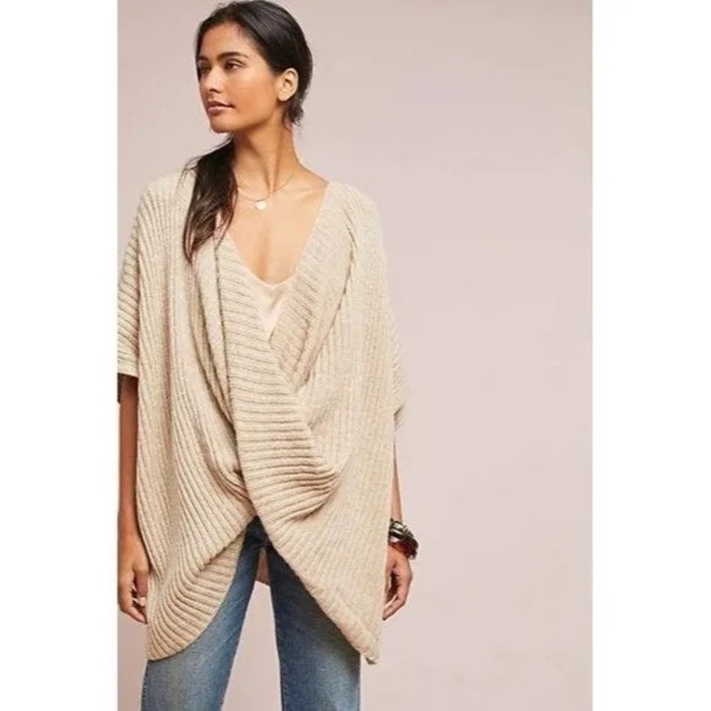 By Anthropologie Beige Ribbed Twist Front Short Sleeve Poncho Sweater